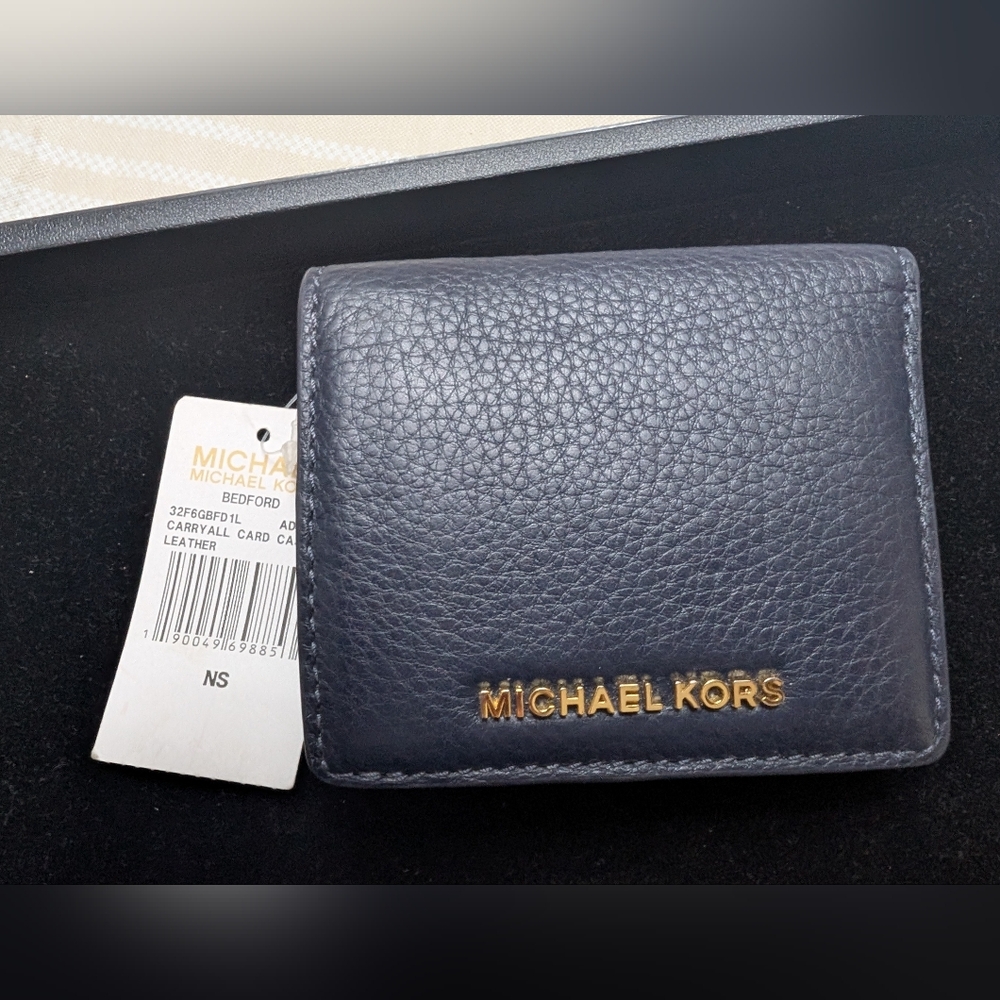 Michael Kors Navy Pebbled Leather Card Case with Gold Logo